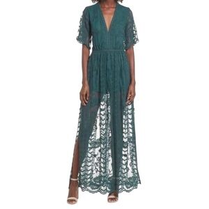 Socialite Teal Green Sheer Lace Romper Maxi Dress Medium Feminine Romantic Boho
